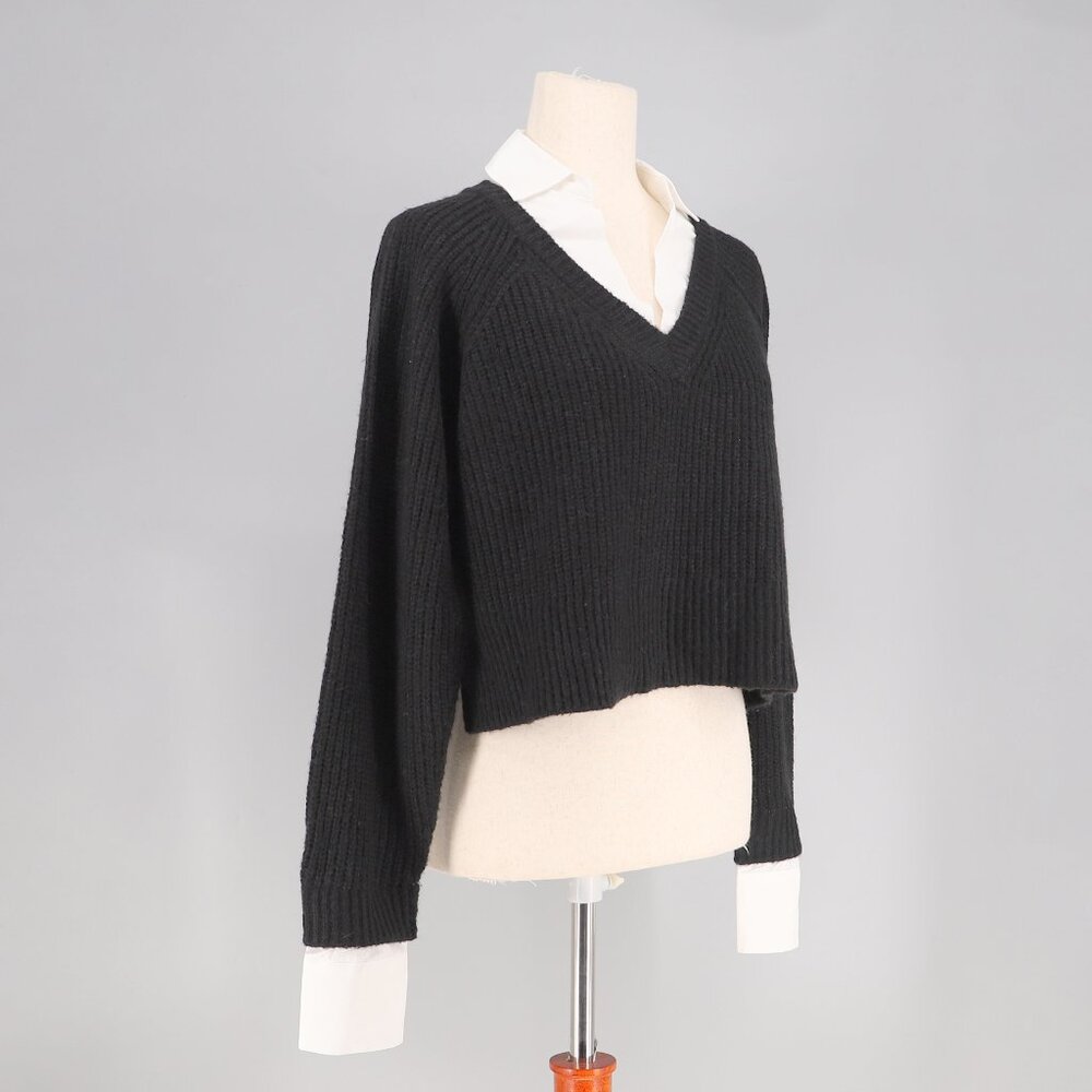 NWT ELAN Kasha Layered Collared V-Neck Cropped Sweater Shirt Black White Size S - Picture 4 of 9